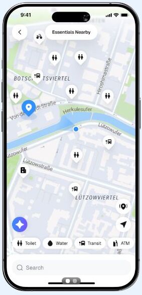 A map of nearby essentials such as toilets, water, transit, and ATMs